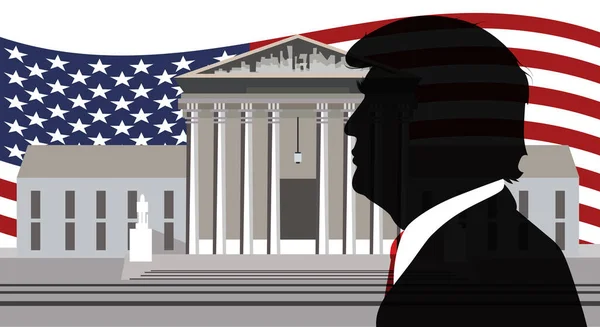 2023 대통령 도널드 트럼프는 뉴욕에서 재판을 국기의 배경에 트럼프의 실루엣 — 스톡 사진