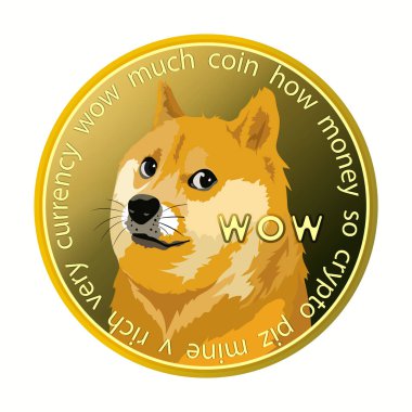 Dogecoin DOGE kripto para birimi beyaz arka planda izole edilmiş, Shiba inu köpek yüzü para üzerinde, dijital para birimi sembolü