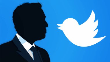 Arka planda Twitter logosu olan mavi pankartın önündeki Elon Musk 'un silueti. Elon Musk 'ın portresi ve Twitter logosu