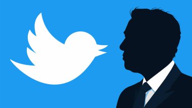 Arka planda Twitter logosu olan mavi pankartın önündeki Elon Musk 'un silueti. Elon Musk 'ın portresi ve Twitter logosu