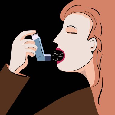 Bronşiyal astım tedavisi. Nefes almak için astım spreyi tutan genç bir kadının vektör çizimi.