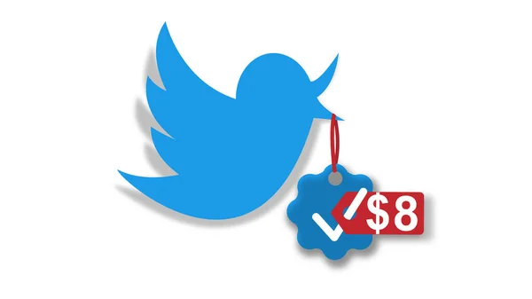 検証済みTwitter用に8を充電するというコンセプト Twitterのロゴと青いチェックマークの漫画イラスト Twitter Blueと呼ばれるプレミアムサービスにサインアップするシンボルで 購読価格は毎月8です — ストック写真