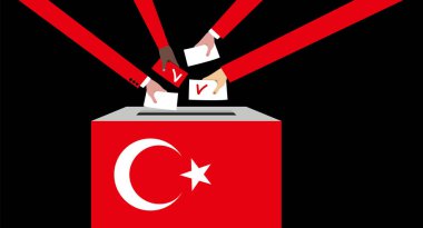 Türkiye 'de tercih edilen konsept. Eller Türk bayrağıyla birlikte oy sandığına atıyor..