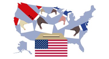 Amerika 'da seçimler. Birçok etnik çeşitlilik gösteren el, ABD bayrağıyla birlikte oy sandığına girdi.