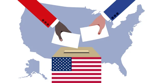 Elecciones Estados Unidos Las Manos Afroamericano Hombre Caucásico Arrojan Voto — Vector de stock