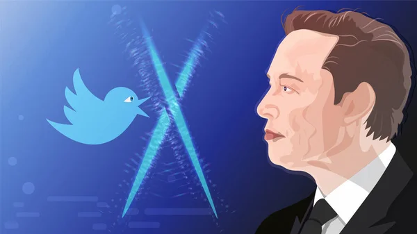 Elon Musk, twitter logosu ve gizemli uygulama X. Editör illüstrasyonu