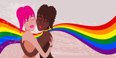 LGBT bayrağıyla sarılan siyah ve beyaz kadın. Gurur ayı konsepti. Vektör illüstrasyonu
