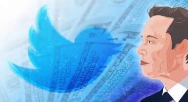 Twitter logosu olan Elon Musk arka planda yüz dolarlık banknotlar olan bir afişin önünde. Elon Musk portresi ve Twitter logosu