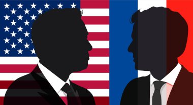 İş adamı Elon Musk ve Fransa Cumhuriyeti Başkanı Emmanuel Macron 'un profili, Amerika ve Fransa bayrağının arka planına karşı.