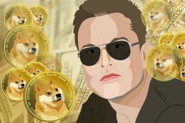 Elon Musk ve Dogecoin. Yüz dolarlık banknotun önünde Elon Musk ve arka planda Dogecoin..