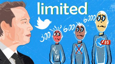 July 1, 2023, Twitter limited the number of tweets users can read per day. This was announced on Twitter by the owner of the social network Elon Musk. A humorous illustration with a grunge clipart