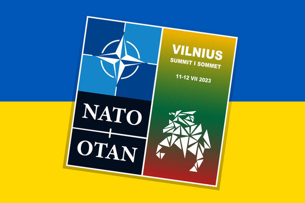Logo of the NATO summit, which will be held in Vilnius in July 2023 against the background of the flag of Ukraine.