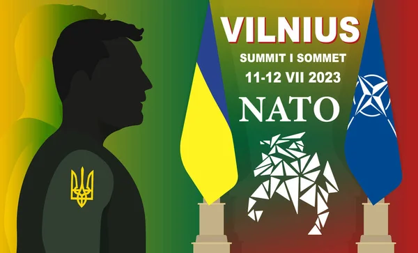Президент Украины Владимир Зеленский Рассматривает Логотип Саммита Нато Который Состоится — стоковое фото