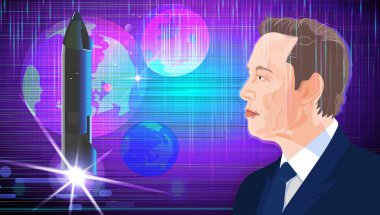 2023 Elon Musk roketli, X alanı, arka plan. Ünlü kurucu, CEO ve girişimci Elon Musk 'un portresi.