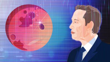 Elon Musk ve Mars gezegeninin tasviri. Ünlü kurucu, CEO ve girişimci Elon Musk