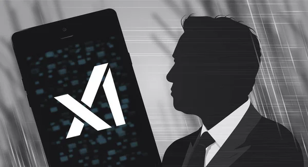Elon Musk founded xAI. Elon Musk portrait and xAI inscription. July 12, 2023 Elon Musk announced the creation of xAI. The X ai logo on the phone screen and silhouette of Elon Musk.