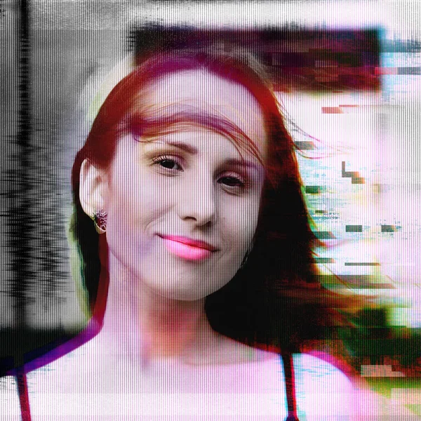 Joven Chica Sonriente Glitch Efecto Vintage Efecto Fallo Informático Colores — Foto de Stock