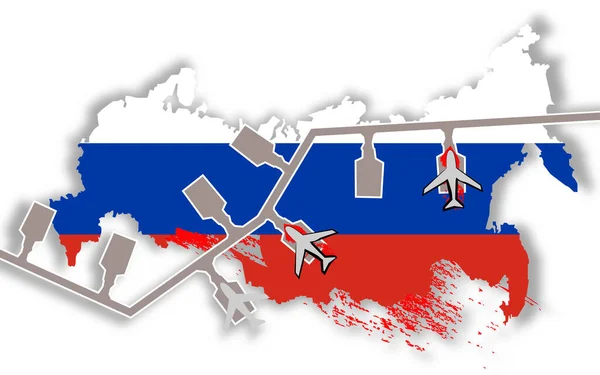 2023年8月30日の夜 ロシアのプスコフ空港へのドローン攻撃 ロシアの旗の色と空港と飛行機のトップビューのマップ — ストック写真
