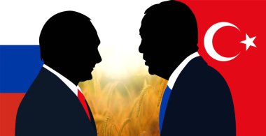 2023. Türkiye Cumhurbaşkanı ve Rusya Cumhurbaşkanı Vladimir Putin ile bir araya geldi. Putin ve Erdoğan 'ın silueti bir buğday tarlası ve Türkiye ve Rusya' nın bayraklarına karşı.