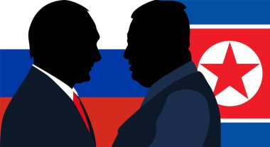 Kore lideri Kim Jong-un ve Rusya Devlet Başkanı Vladimir Putin bayrakların önünde.