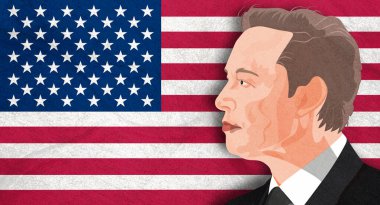 Amerikan bayrağının arka planında Elon Musk 'ın portresi. Grunge dokusu.