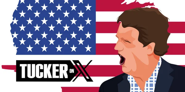 Tucker Carlson Amerikan Bayrağının Önünde Kendi Şovunun Logosu Üzerinde Yeni — Stok fotoğraf