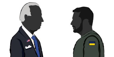 Ukrayna Cumhurbaşkanı Vladimir Zelensky ve ABD Başkanı Joe Biden 'ın silueti, beyaz bir arkaplanda izole edildiler.