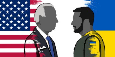 Ukrayna Cumhurbaşkanı Vladimir Zelensky ve ABD Başkanı Joe Biden 'ın silueti Ukrayna ve ABD bayrakları