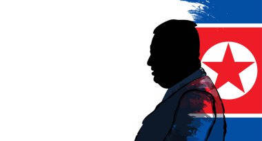 Kuzey Koreli lider Kim Jong Un, bayrak arka planında, beyaz üzerinde izole. Boşluğu kopyala.