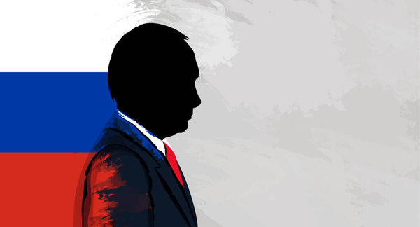 Vladimir Putin. President of Russia. Face outline on the background of the Russian flag. Editorial outline of Putin with grunge texture.