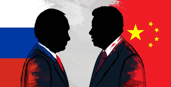 대통령 시진핑과 러시아 대통령 블라디미르 푸틴의 실루엣 러시아와 중국의 깃발의 — 스톡 사진