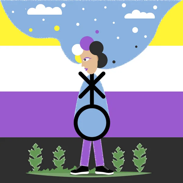 Non-binary gender identity. Non-binary or non-binary symbol and pride flag - yellow, white, purple and black - gender symbol.
