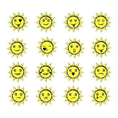 Güneşin batışı. Duygular farklı güneşlerdir. Sarı yüzler. Emoji. Beyaz arkaplanda vektör illüstrasyonu
