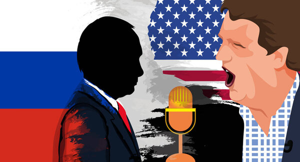 Tucker Carlson and Russian President Vladimir Putin against the background of the flags of America and Russia.