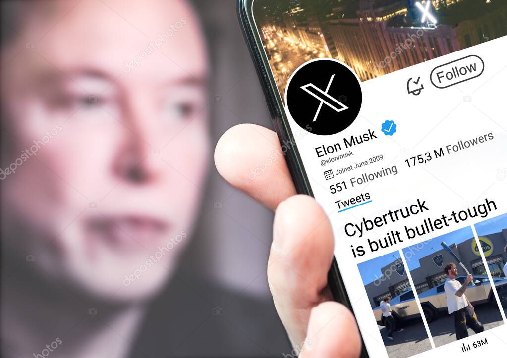 Poltava, Ukraine - March 5, 2024: Elon Musk's Twitter profile page on a smartphone screen with his new tweet about Cybertruck. In the background is an out-of-focus portrait of Elon Musk.