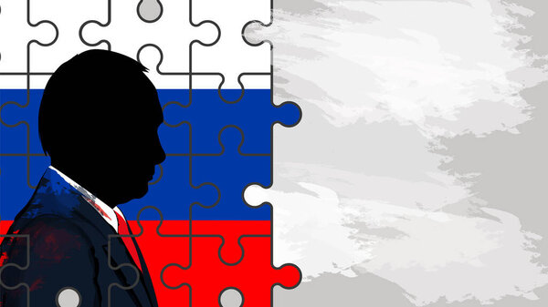 Vladimir Putin. President of Russia. Face outline on the background of the Russian flag. Editorial outline of Putin with grunge texture.