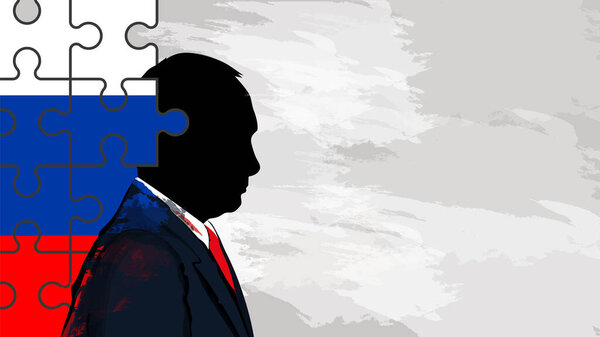 Vladimir Putin. President of Russia. Face outline on the background of the Russian flag. Editorial outline of Putin with grunge texture.