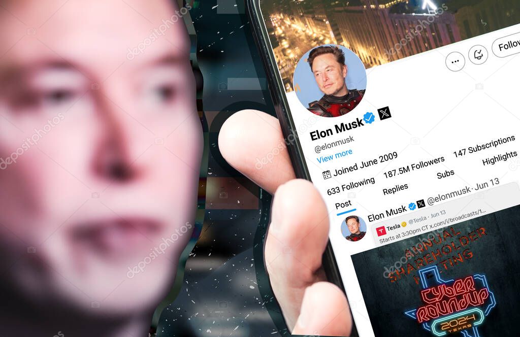 Editorial illustration photography. Poltava, Ukraine - June 13, 2024 Elon Musk Twitter profile page on a smartphone screen with a new tweet. In the background is a blurry portrait of Elon Musk.