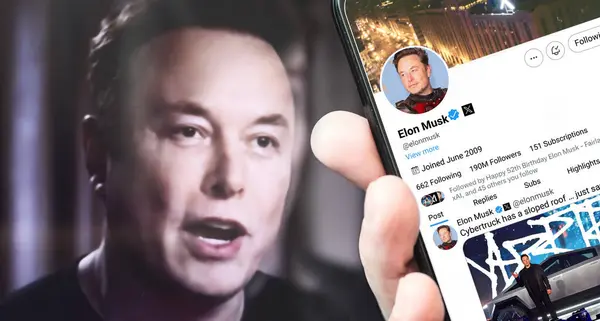 Ukrayna. Poltava. 17 Temmuz 2024. Elon Musk profili akıllı telefon ekranında. Mesajlı yeni tweet. Siber kamyonun eğimli bir çatısı var. Söylemen yeterli. Arka planda Elon Musk 'un odaksız bir portresi var..