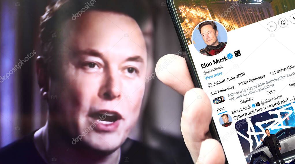 Ukraine. Poltava. July 17, 2024. Elon Musk profile on a smartphone screen. New tweet with text The Cybertruck has a sloped roof just sayin. In the background is a defocused portrait of Elon Musk.