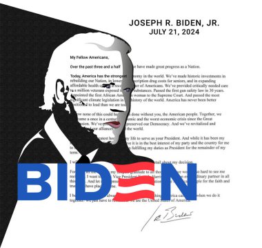21 Temmuz 2024 'te, ABD Başkanı Joe Biden başkanlık yarışından çekildiğini açıkladı. Portre Joe Biden. Başkanlık yarışından ayrılıyor..