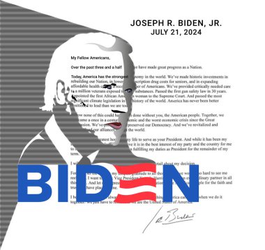 21 Temmuz 2024 'te, ABD Başkanı Joe Biden başkanlık yarışından çekildiğini açıkladı. Joe Biden 'ın portresi. Başkanlık yarışından ayrılıyorum Joe Biden..