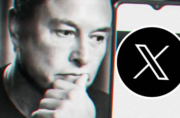 Elon Musk 'ın yeni X-tweeter logosunun olduğu akıllı telefona bakarken odaklanmış kusurlu portresi..