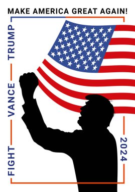 2024 Donald Trump 'ın siluetinin posteri ve seçim kampanyasının sloganı: Amerika' yı Yeniden Büyük Yap