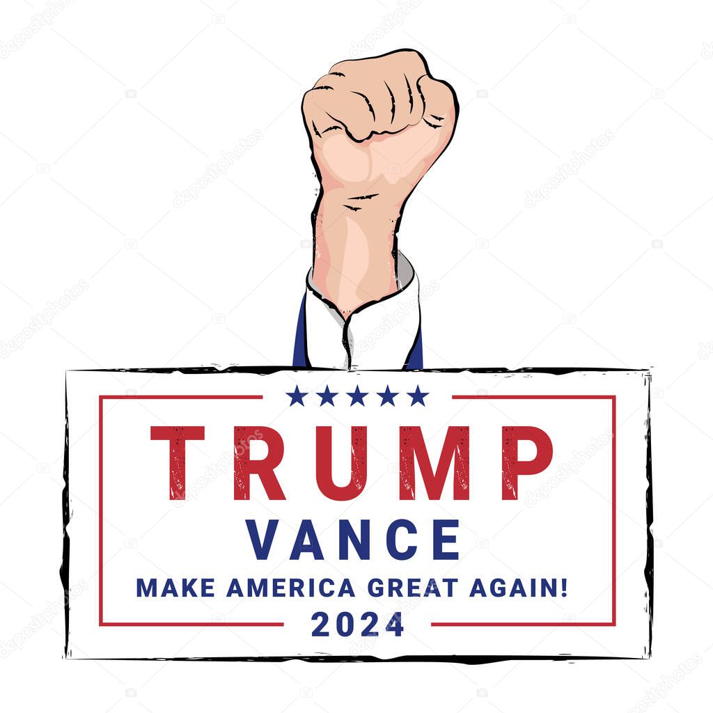 2024 Donald Trump Campaign Emblem and and raised fist, hand gesture icon. Isolated on white background