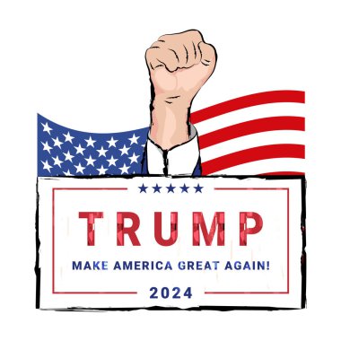 2024 Donald Trump kampanya logosu. Arka planda ABD bayrağı var.