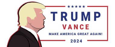Donald Trump 2024 kampanya logosu ve Donald Trump 'ın portresi. Beyaz arkaplanda izole