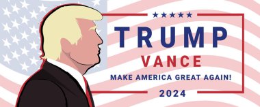 Donald Trump 2024 kampanya logosu ve Donald Trump 'ın portresi. Beyaz arkaplanda izole