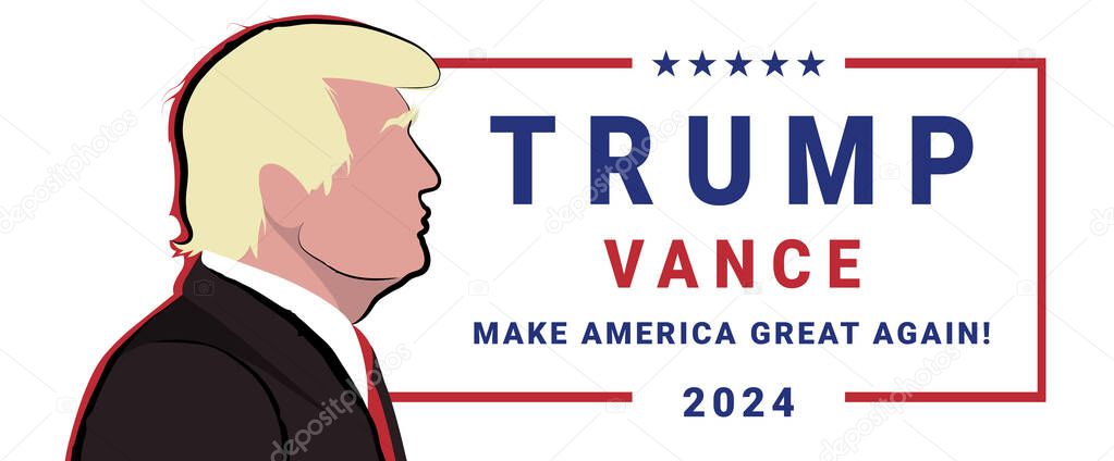 Donald Trump 2024 campaign logo and portrait of Donald Trump. Isolated on white background