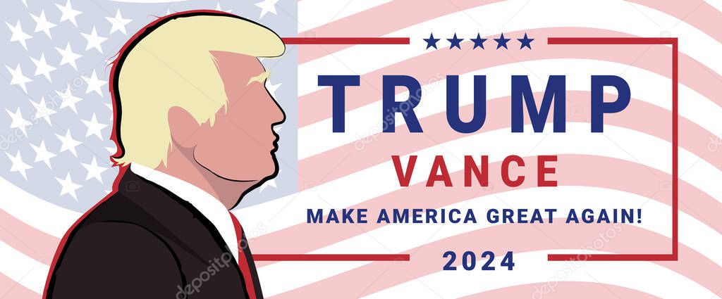 Donald Trump 2024 campaign logo and portrait of Donald Trump. Isolated on white background